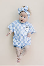 Checkered Smiley Blue Short Sleeve Bubble Romper