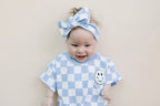 Checkered Smiley Blue Short Sleeve Bubble Romper