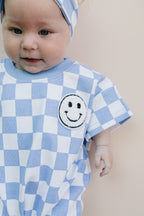 Checkered Smiley Blue Short Sleeve Bubble Romper