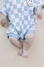 Checkered Smiley Blue Short Sleeve Bubble Romper