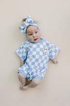 Checkered Smiley Blue Short Sleeve Bubble Romper