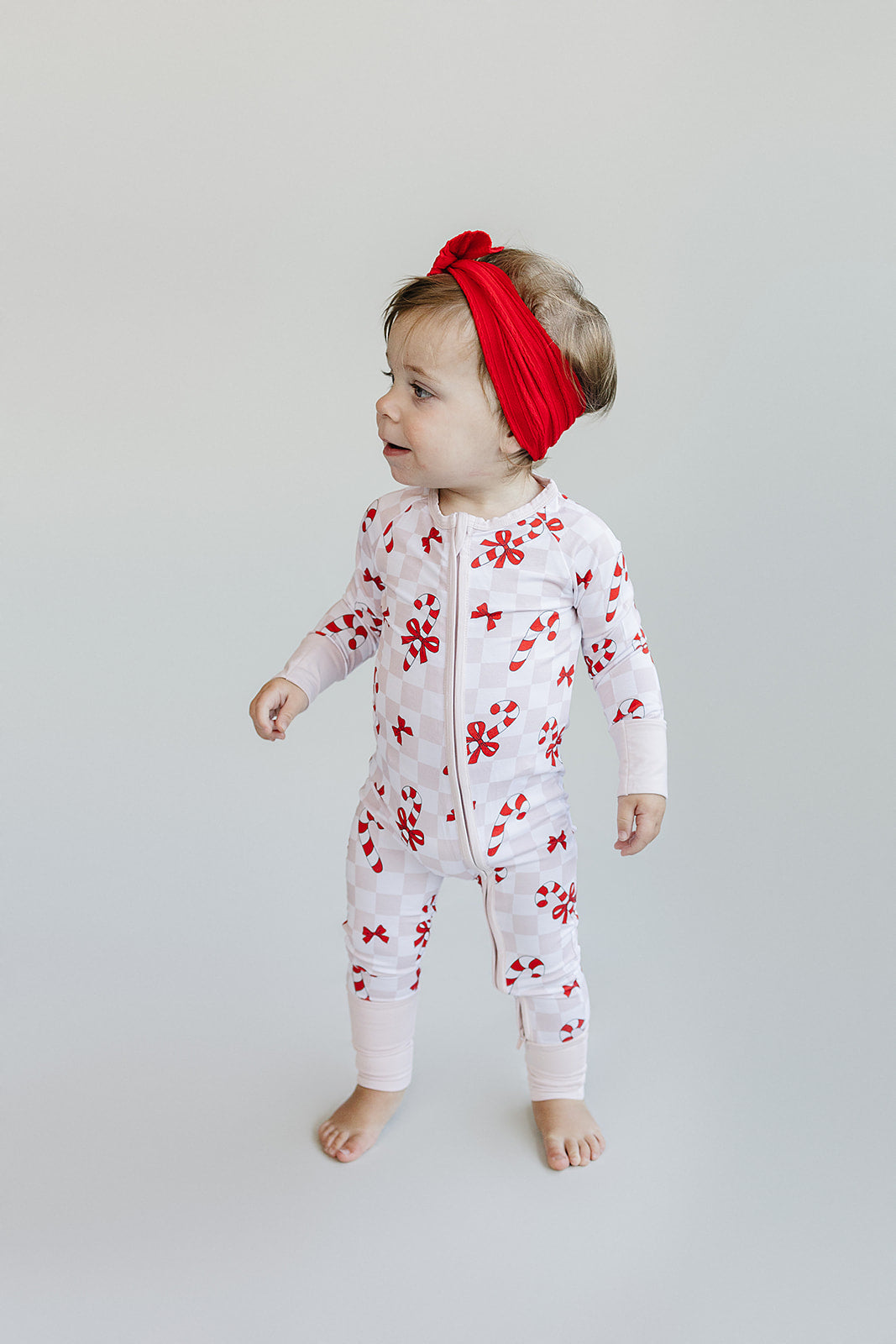 Baby Girl Bows & Candy Cane Bamboo Zip Pajama Romper