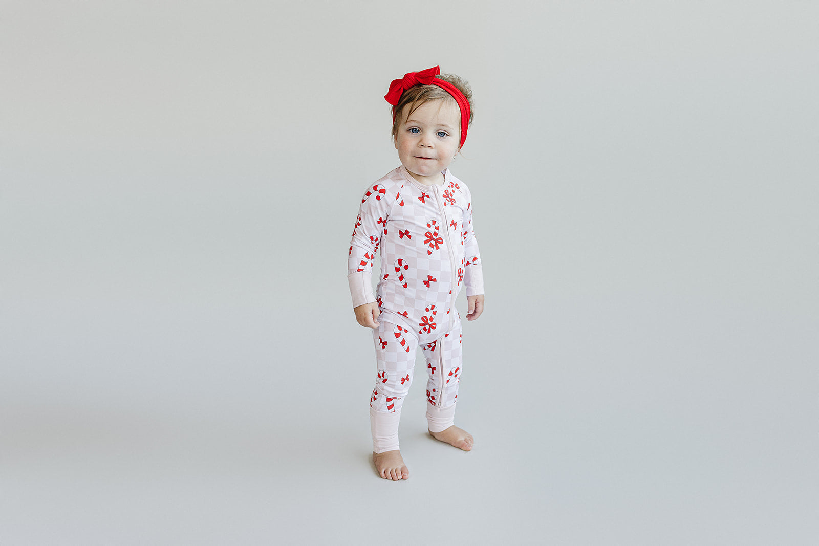 Baby Girl Bows & Candy Cane Bamboo Zip Pajama Romper