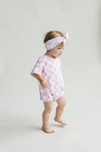 Baby Girl Pink Smiley Checkered Short Sleeve Bubble Romper