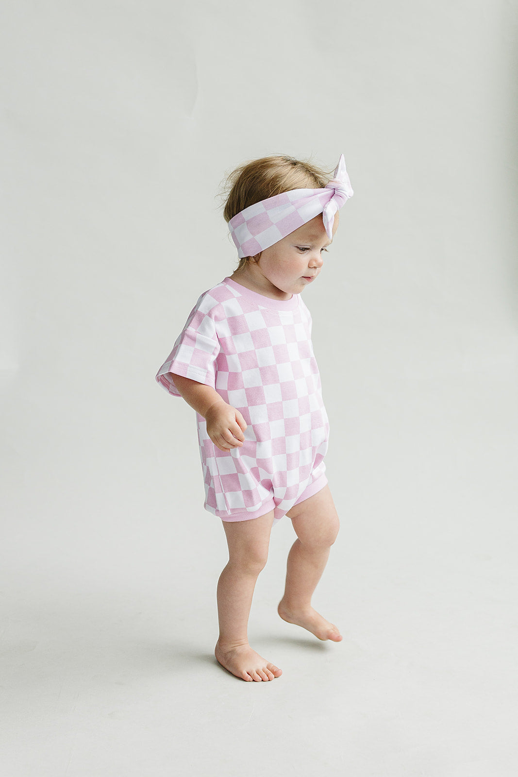 Baby Girl Pink Smiley Checkered Short Sleeve Bubble Romper