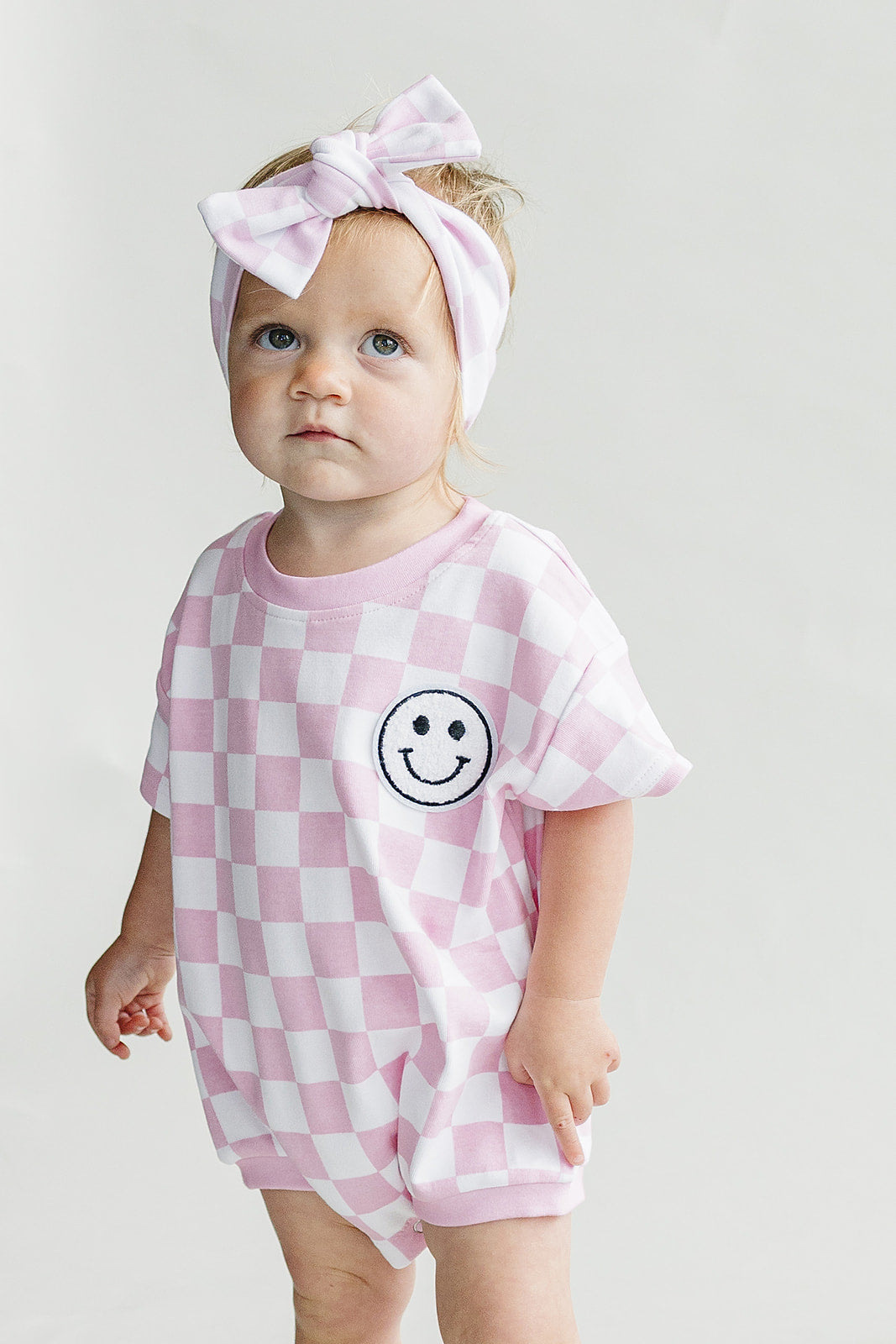 Baby Girl Pink Smiley Checkered Short Sleeve Bubble Romper
