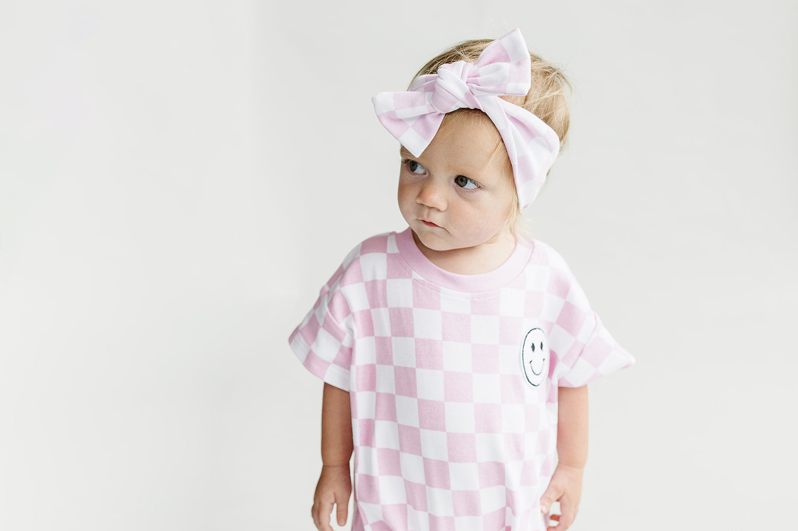 Baby Girl Pink Smiley Checkered Short Sleeve Bubble Romper