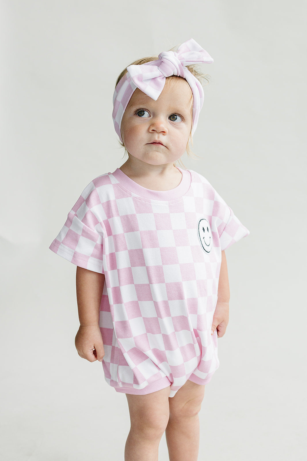 Baby Girl Pink Smiley Checkered Short Sleeve Bubble Romper