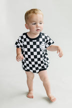 Checkered Smiley Black Short Sleeve Bubble Romper