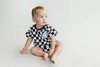 Checkered Smiley Black Short Sleeve Bubble Romper