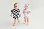 Checkered Smiley Black Short Sleeve Bubble Romper
