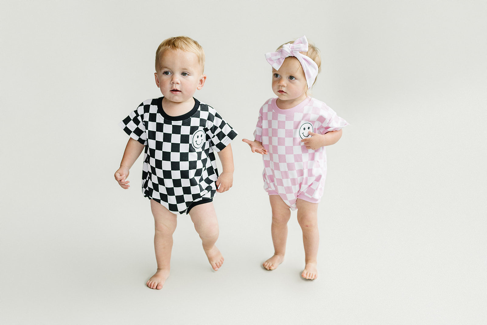 Checkered Smiley Black Short Sleeve Bubble Romper