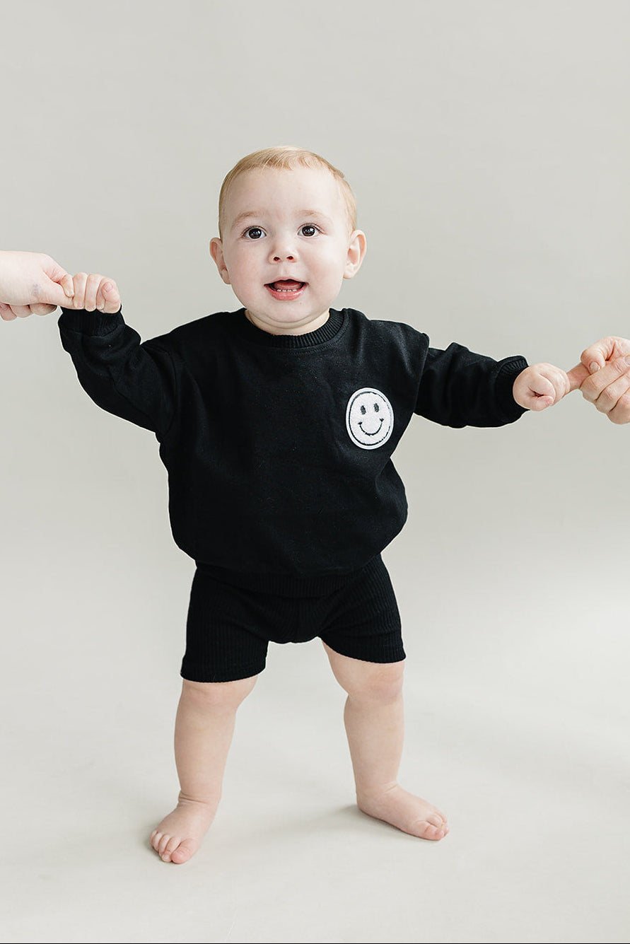 Black Smiley Biker Shorts Set