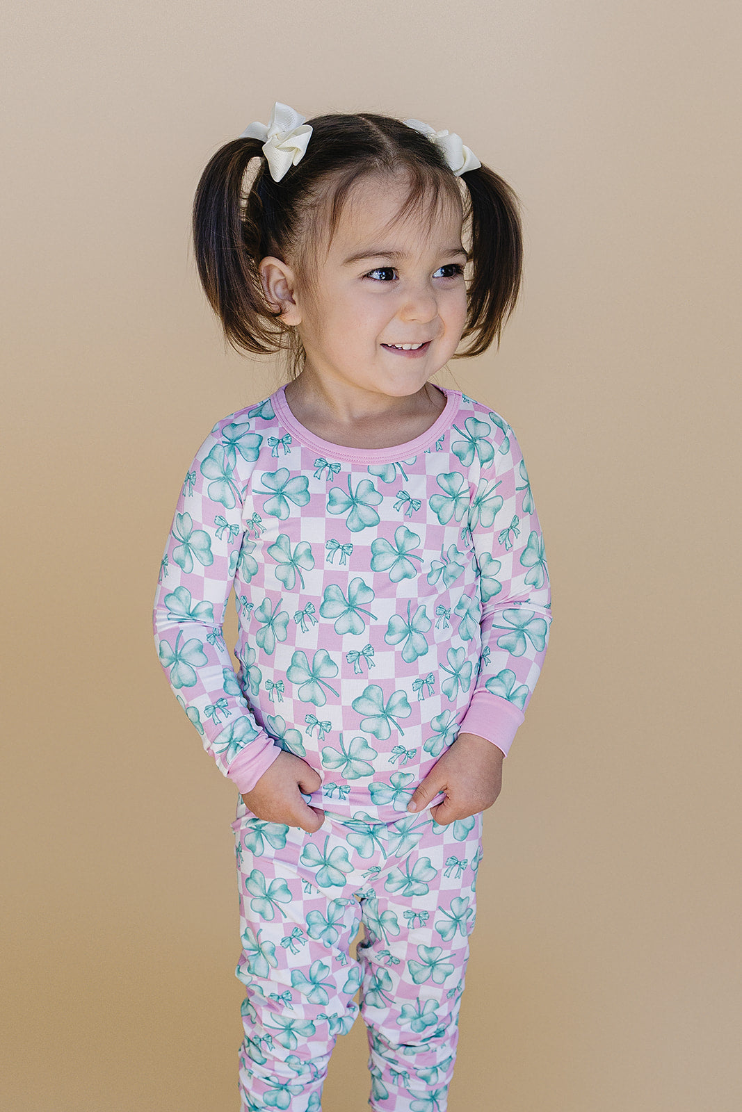 Girls Shamrock & Bows Bamboo Two Piece Pajama Set