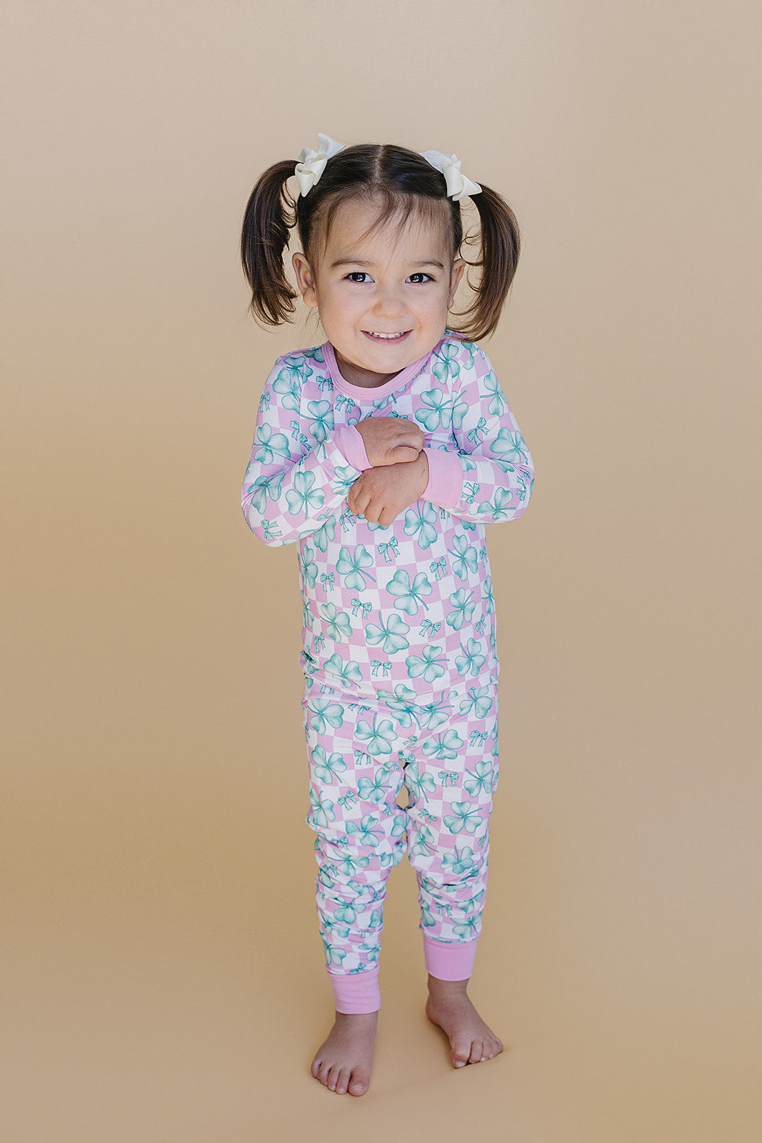 Girls Shamrock & Bows Bamboo Two Piece Pajama Set