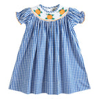 Girls Royal Blue Gingham Dress with Pumpkin Smocking