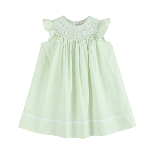 Girls’ Honeydew Green Bunny Smocked Bishop Dress