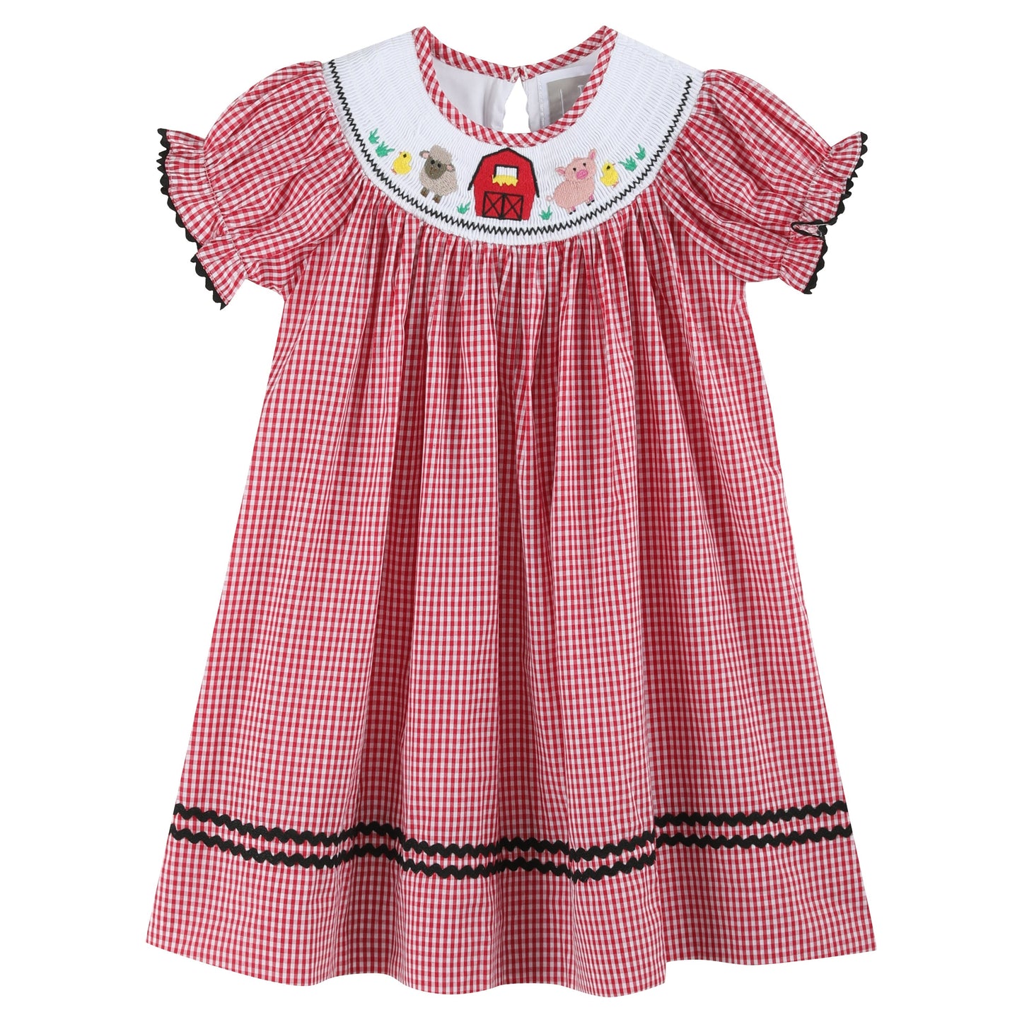 Girls Red Gingham Barn Animals Smocked Bishop Dress
