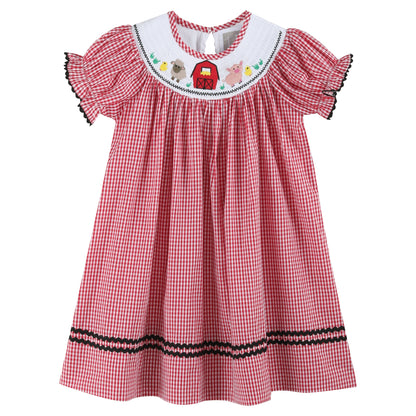 Girls Red Gingham Barn Animals Smocked Bishop Dress