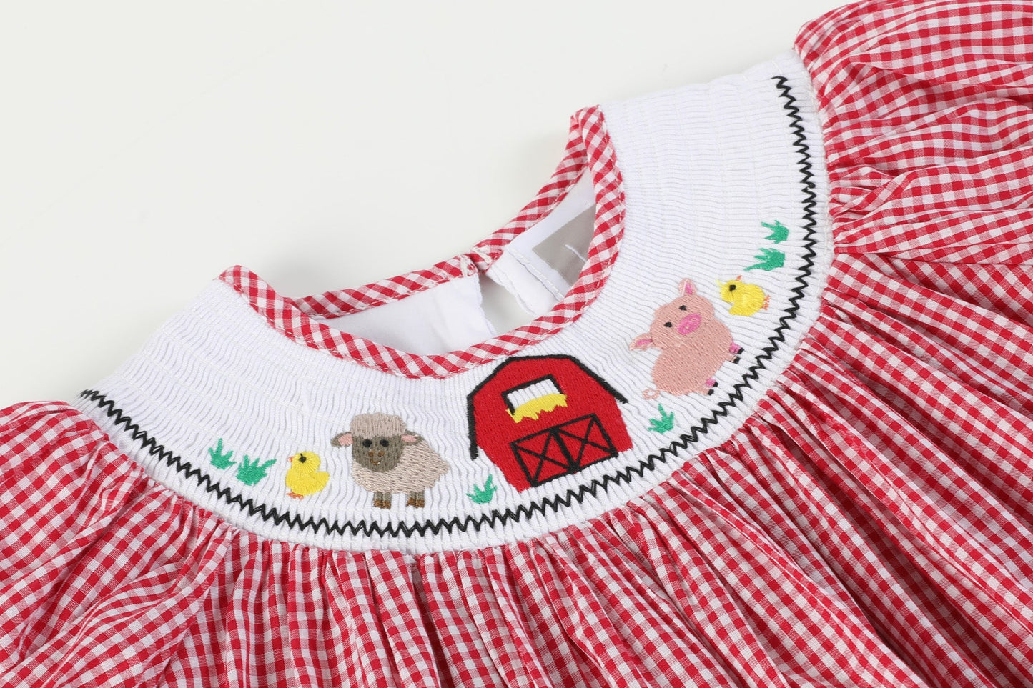Girls Red Gingham Barn Animals Smocked Bishop Dress