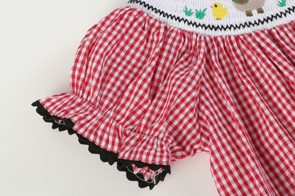 Girls Red Gingham Barn Animals Smocked Bishop Dress