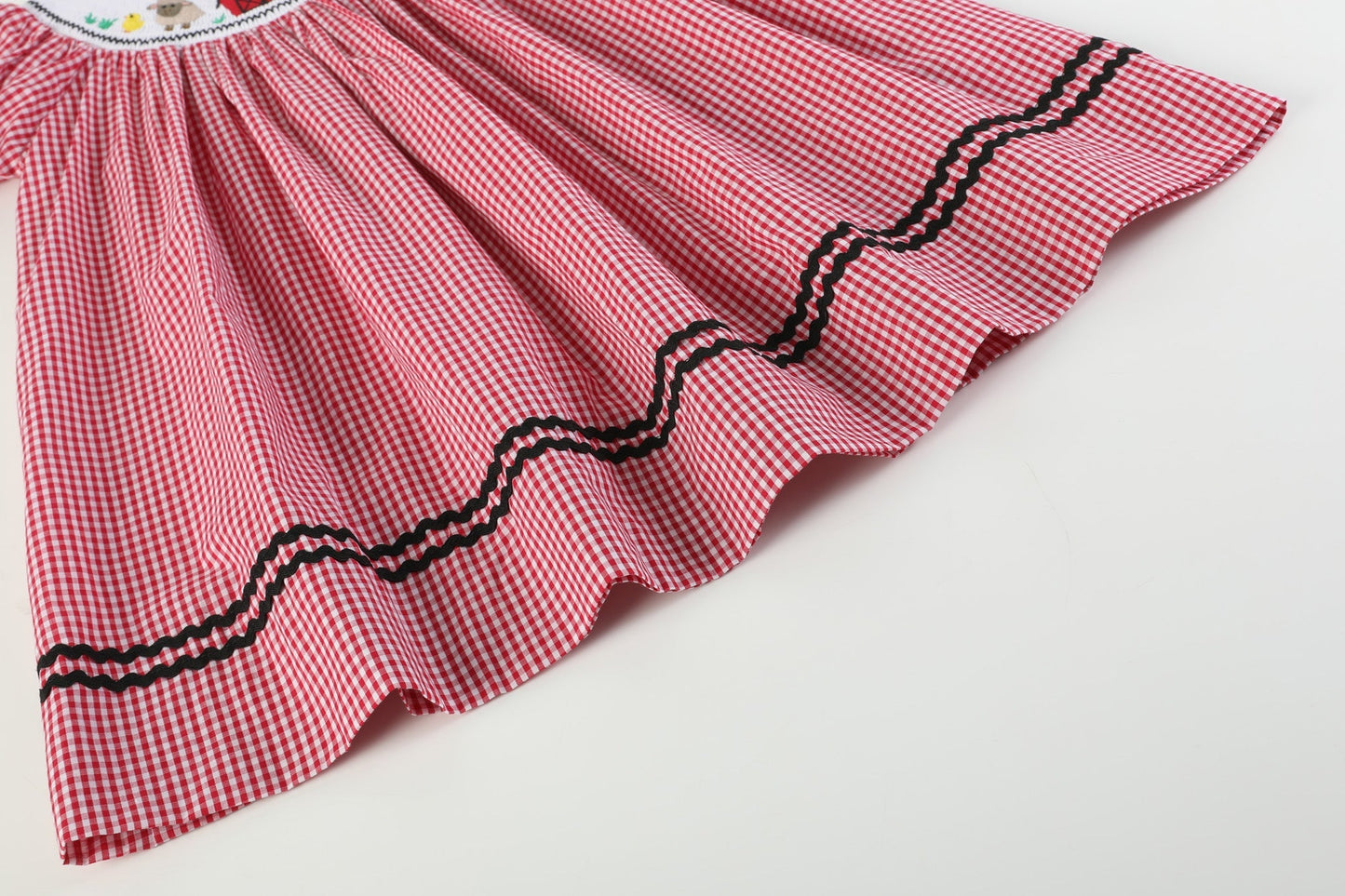 Girls Red Gingham Barn Animals Smocked Bishop Dress