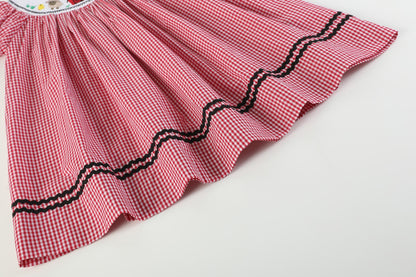 Girls Red Gingham Barn Animals Smocked Bishop Dress