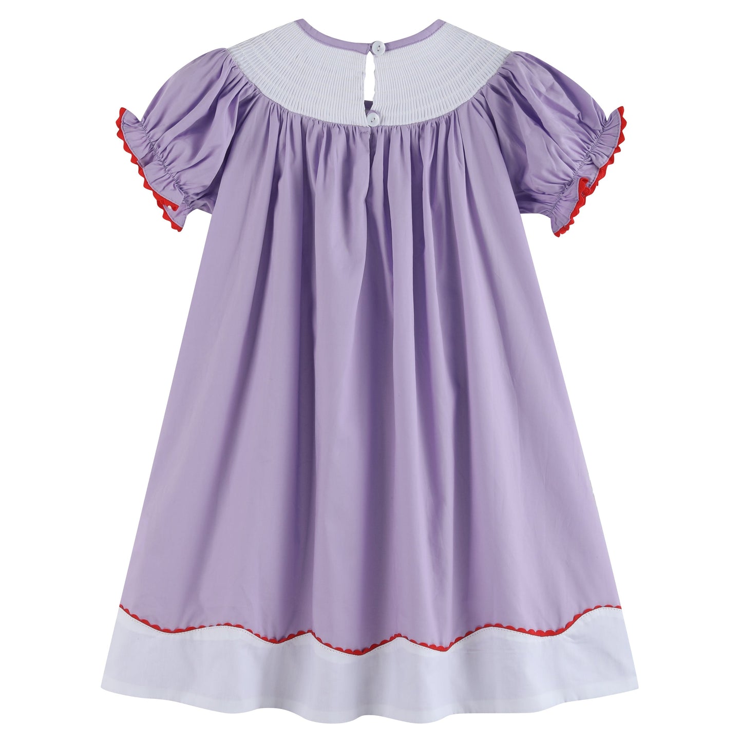 Girls Purple Gingham Crayon Back to School Smocked Bishop Dress - Back side