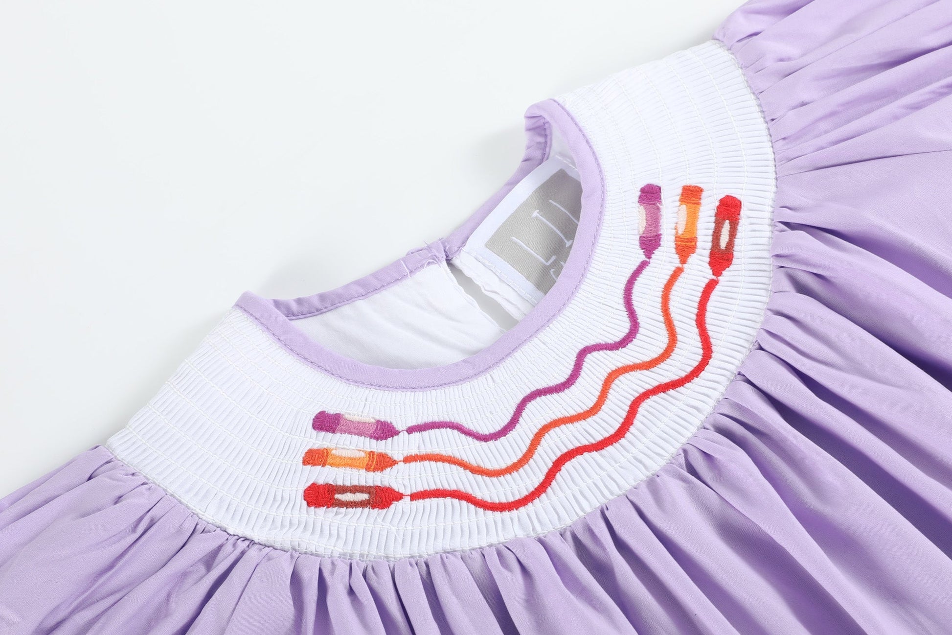 Girls Purple Gingham Crayon Back to School Smocked Bishop Dress - close of collar detail