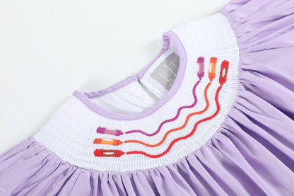 Girls Purple Gingham Crayon Back to School Smocked Bishop Dress - close of collar detail