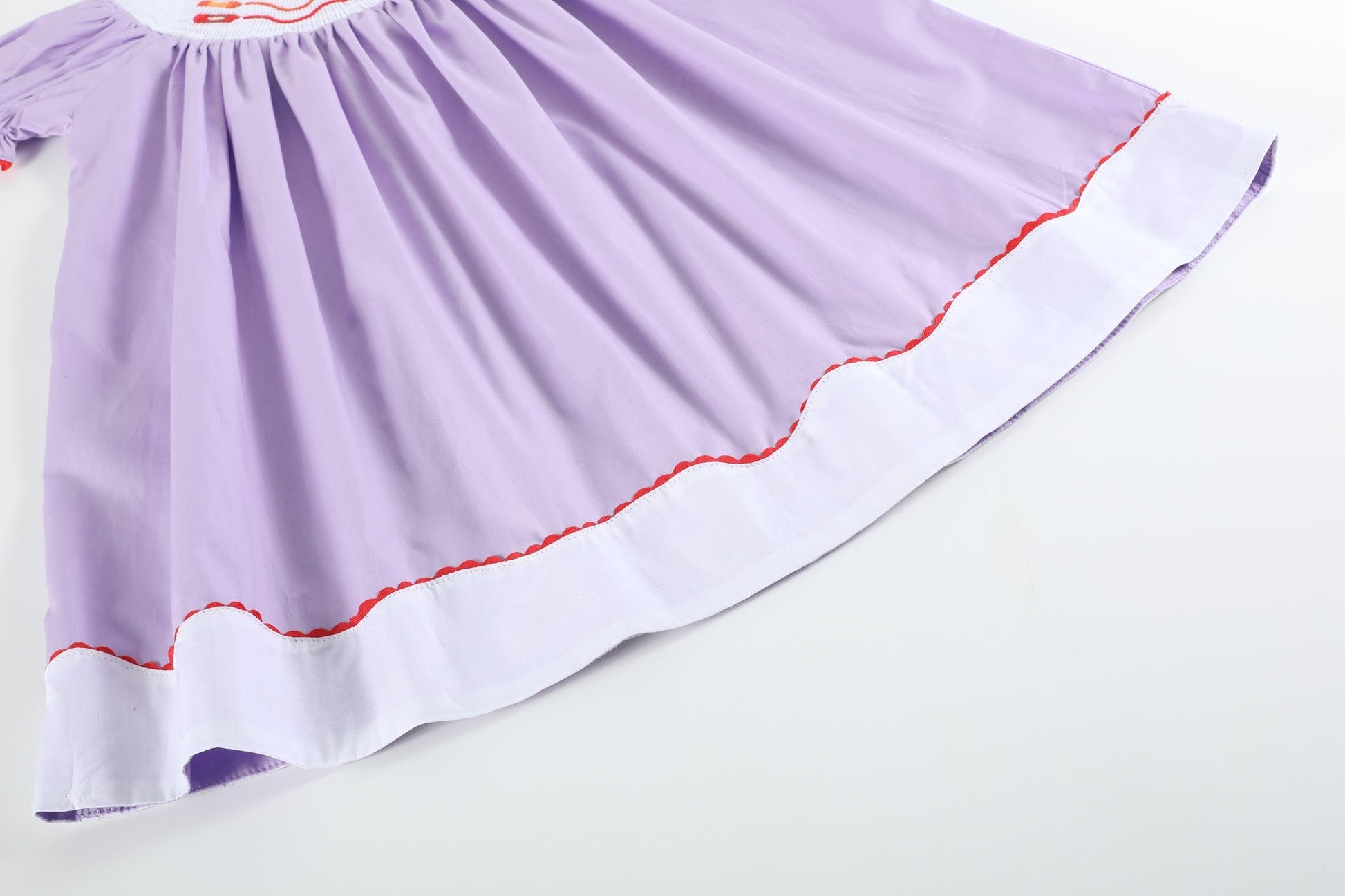 Girls Purple Gingham Crayon Back to School Smocked Bishop Dress - close up bottom