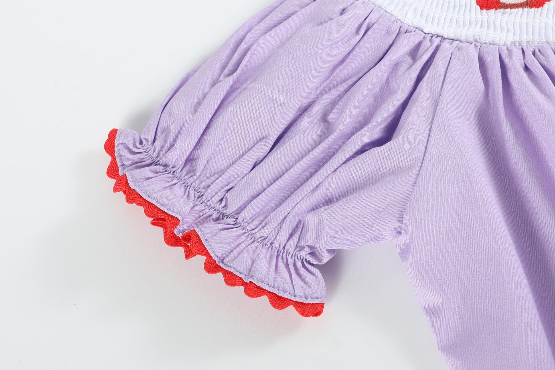 Girls Purple Gingham Crayon Back to School Smocked Bishop Dress - close up of sleeve detail.