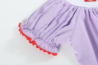 Girls Purple Gingham Crayon Back to School Smocked Bishop Dress - close up of sleeve detail.