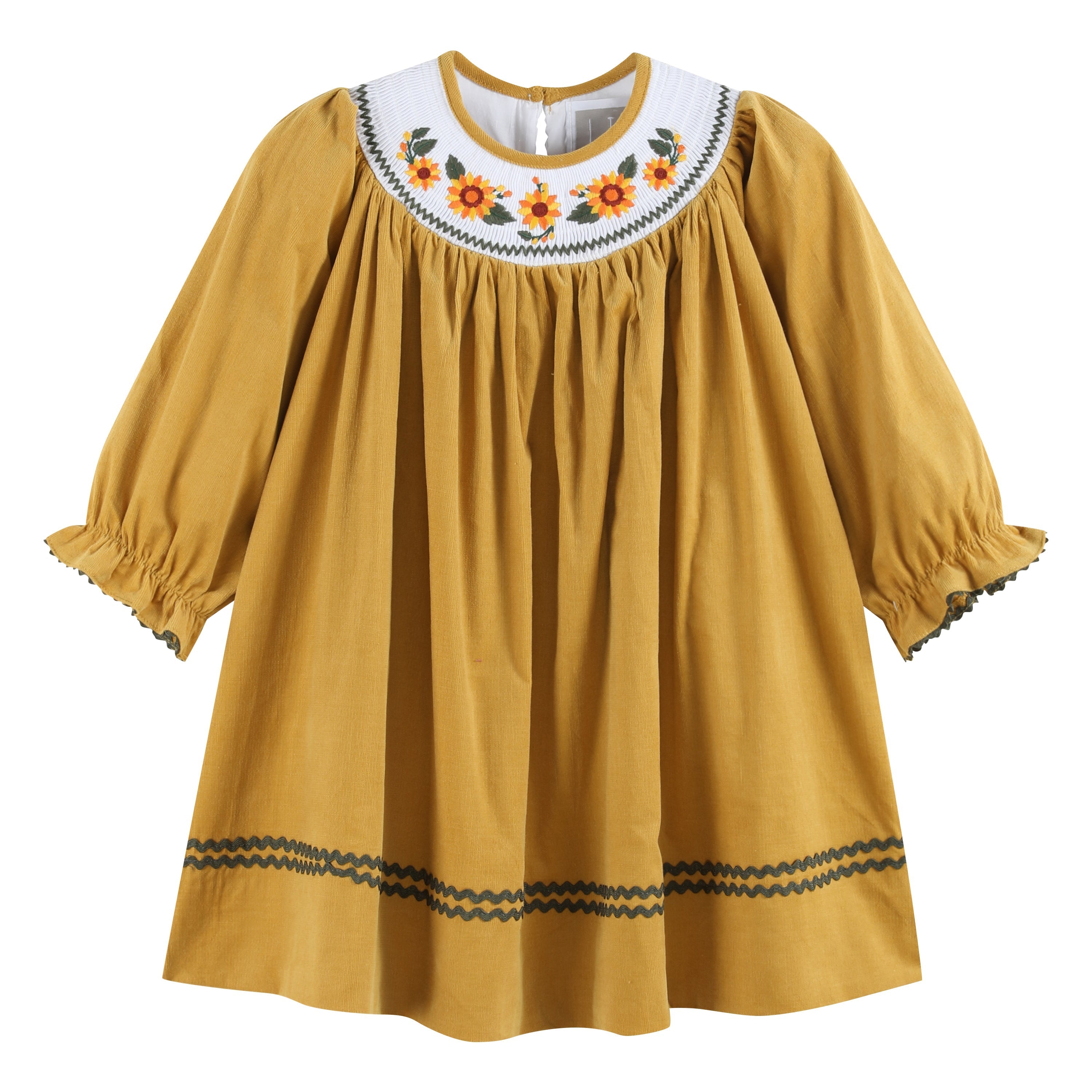 Gold Corduroy Sunflower Smocked Bishop Dress
