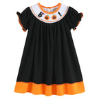 Black and Orange Boo Halloween Smocked Bishop Dress