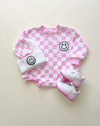 Checkered Smiley Pink Bubble Romper