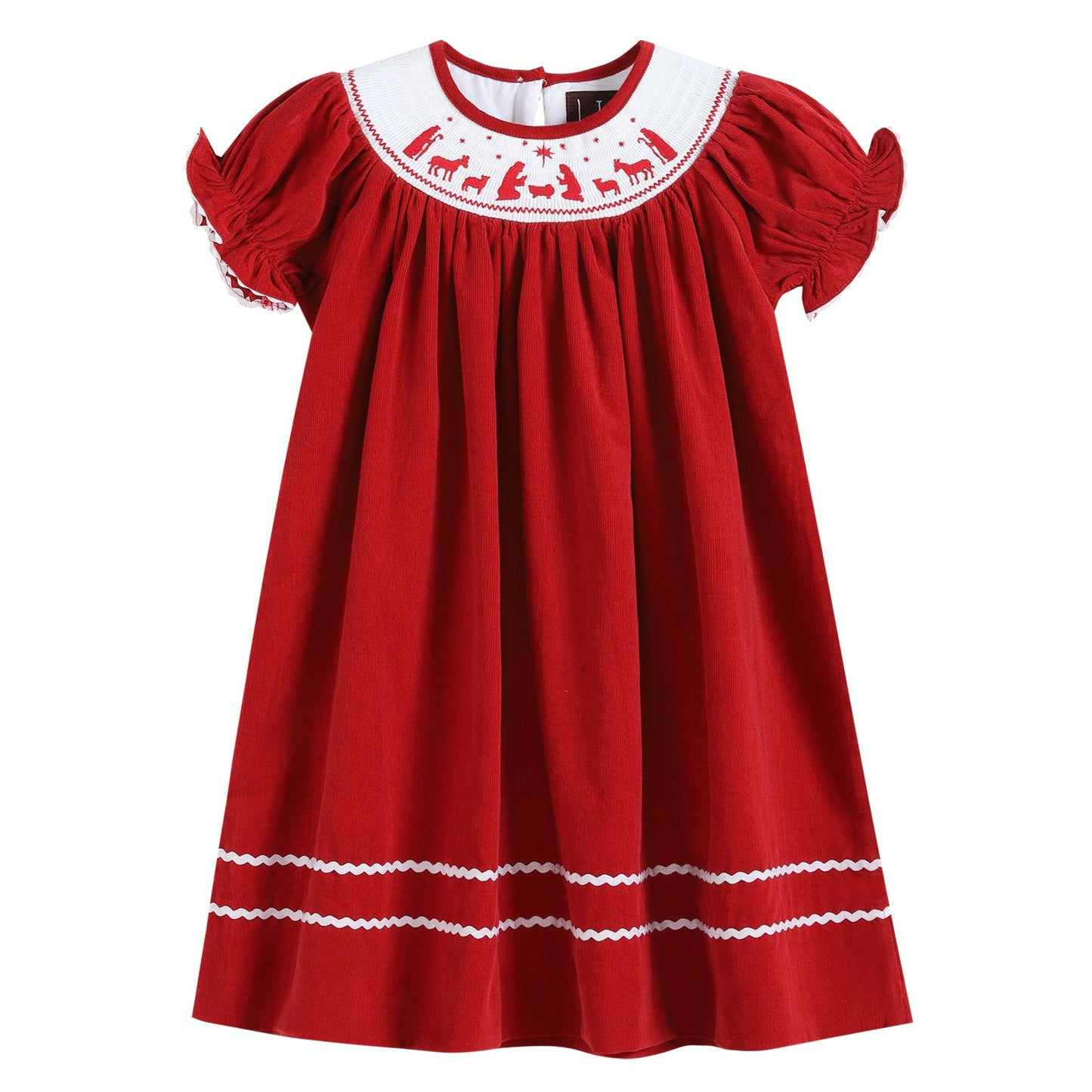 Girls Red Corduroy Christmas Nativity Smocked Bishop Dress