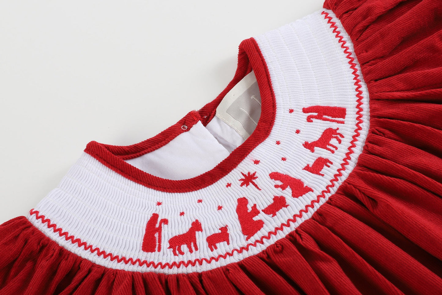 Girls Red Corduroy Christmas Nativity Smocked Bishop Dress