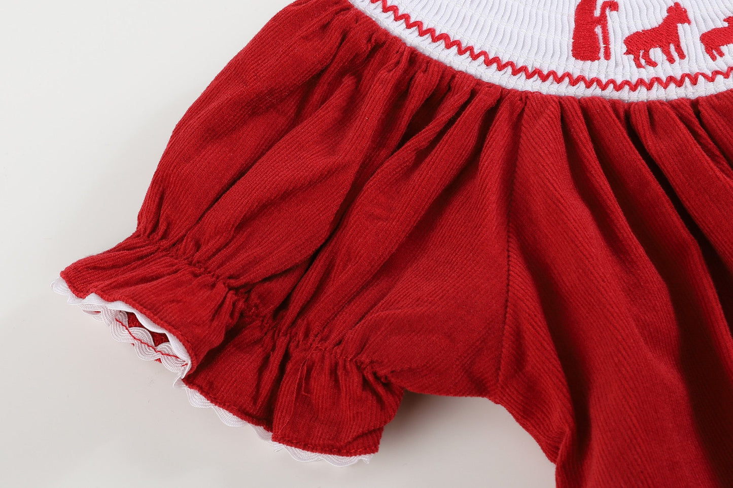 Girls Red Corduroy Christmas Nativity Smocked Bishop Dress