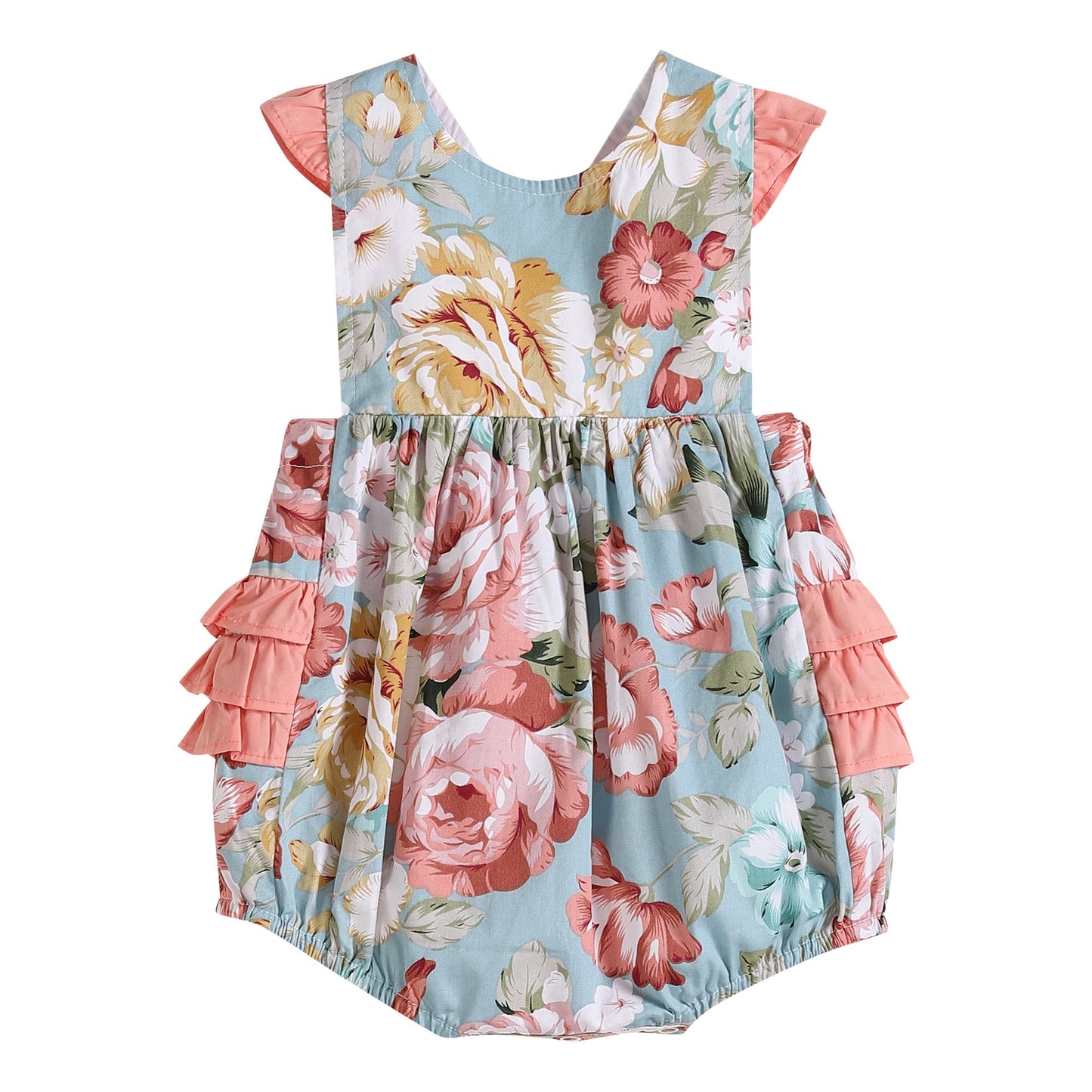Baby Girl Pink and Blue Floral Print Ruffle Romper