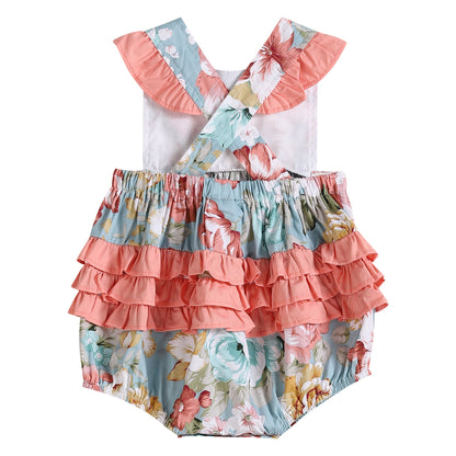 Baby Girl Pink and Blue Floral Print Ruffle Romper