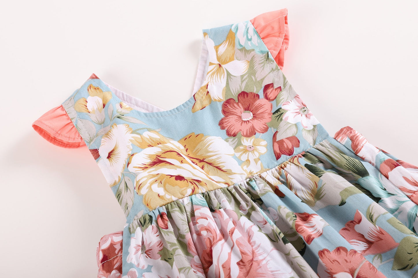 Baby Girl Pink and Blue Floral Print Ruffle Romper