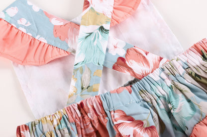 Baby Girl Pink and Blue Floral Print Ruffle Romper