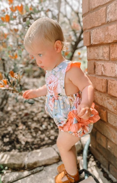 Baby Girl Pink and Blue Floral Print Ruffle Romper
