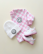 Checkered Smiley Pink Bubble Romper