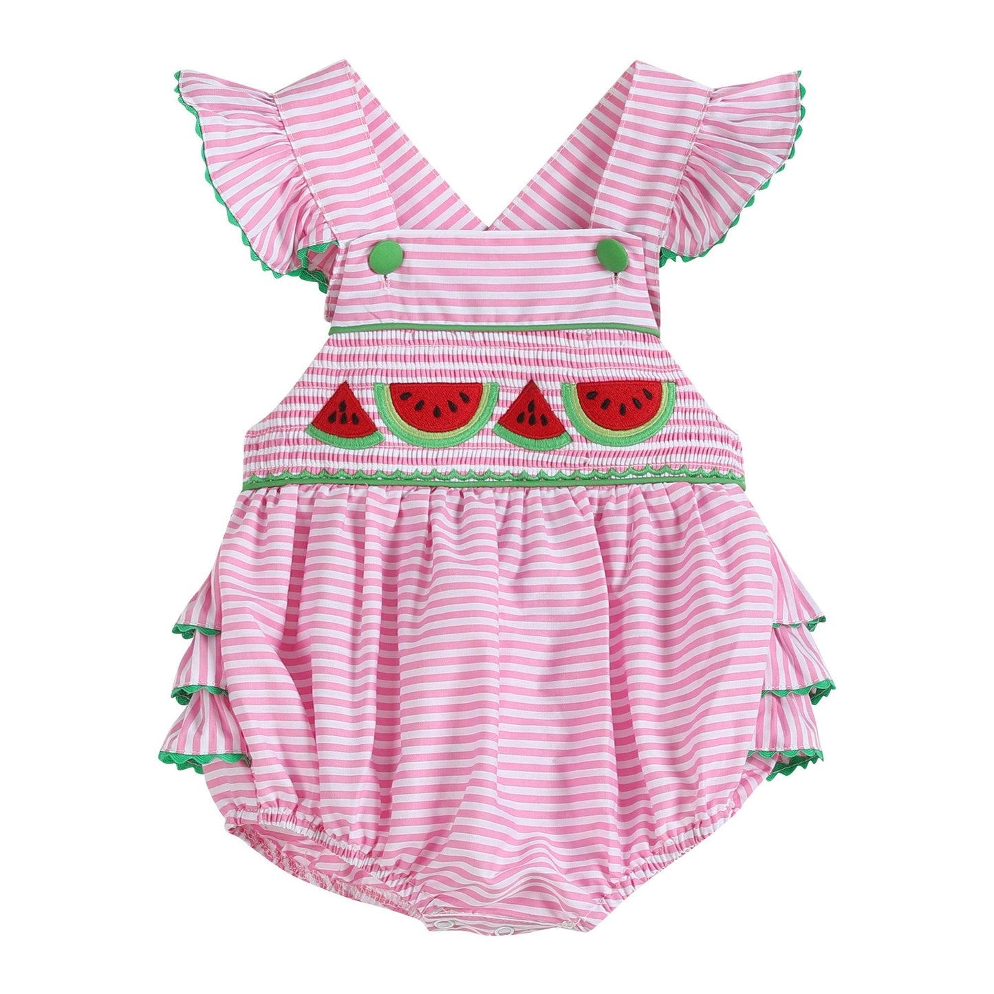 Baby Girl Pink Striped Watermelon Smocked Bubble Romper
