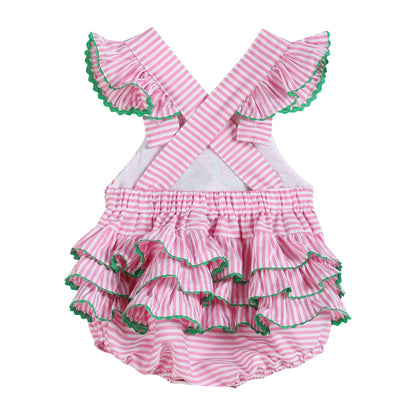 Baby Girl Pink Striped Watermelon Smocked Bubble Romper