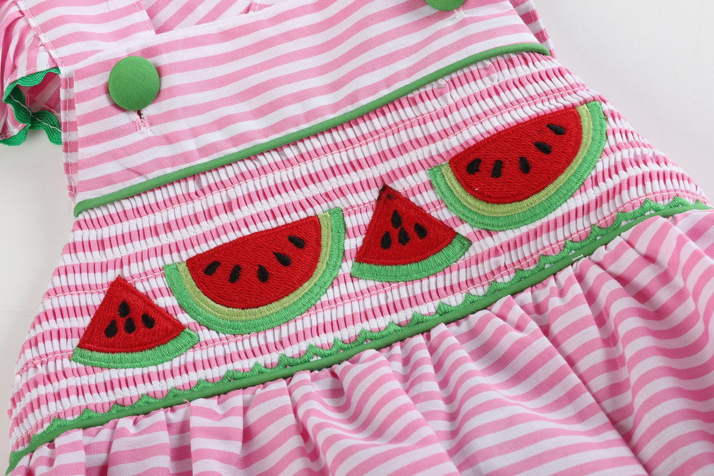 Baby Girl Pink Striped Watermelon Smocked Bubble Romper