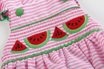 Baby Girl Pink Striped Watermelon Smocked Bubble Romper