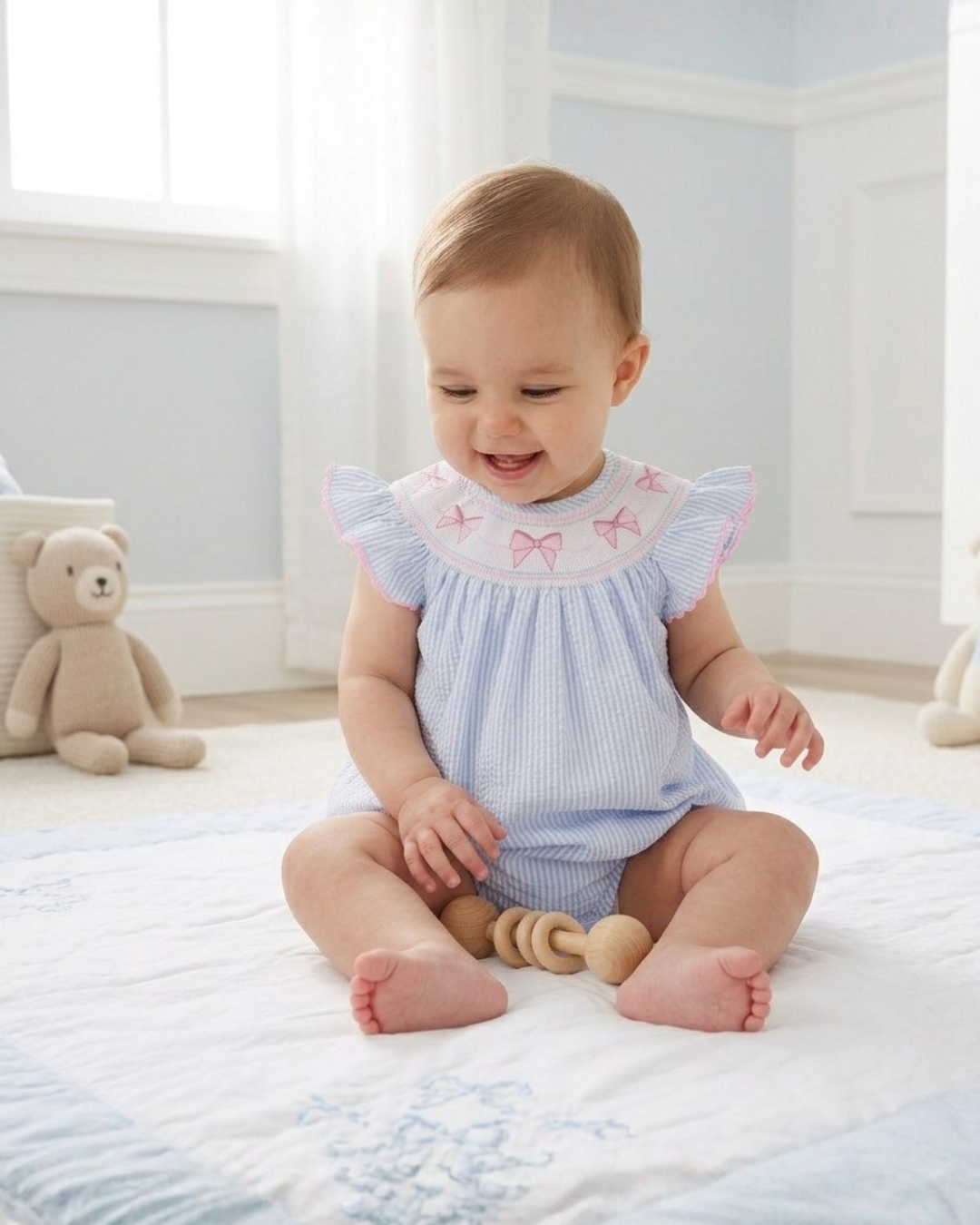Blue Seersucker Bow Smocked Flutter Romper